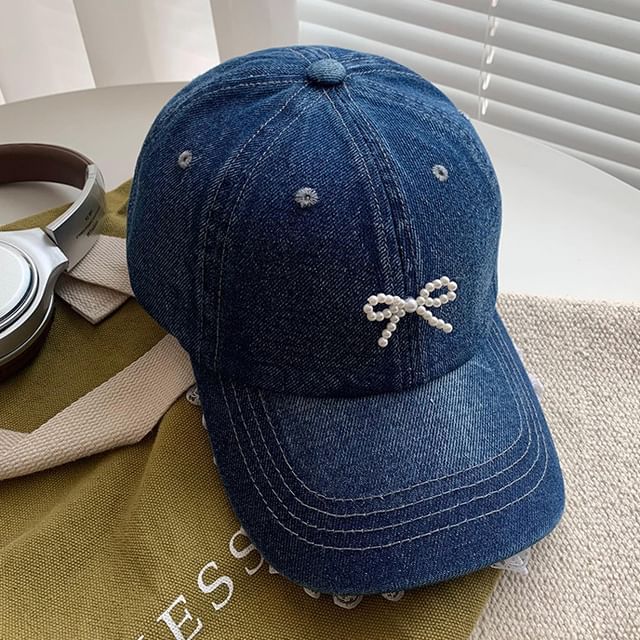 Faux Pearl Beaded Bow Ruffle Denim Baseball Cap SpreePicky