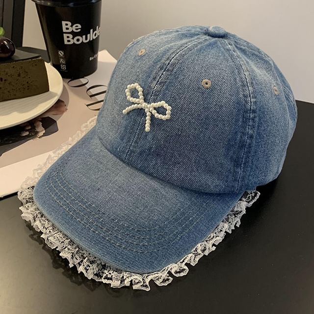 Faux Pearl Beaded Bow Ruffle Denim Baseball Cap SpreePicky