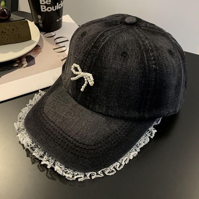 Faux Pearl Beaded Bow Ruffle Denim Baseball Cap SpreePicky