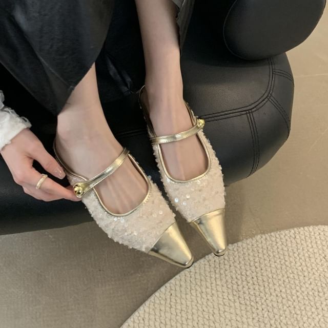 Pointed Toe Sequin Low Heel Mary Jane Mules SpreePicky