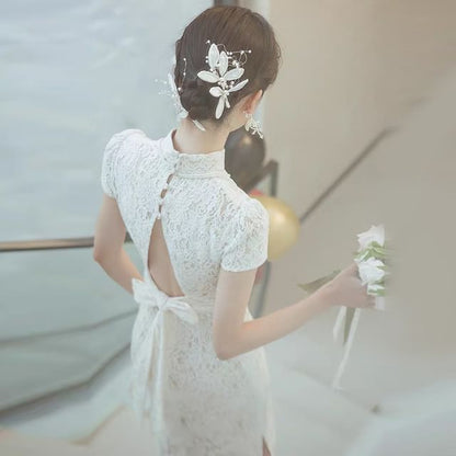 Short-Sleeve Plain Lace Sheath Wedding Gown SpreePicky