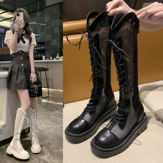 Platform Lace Up Panel Mesh Knee High Boots mySite