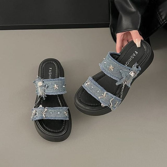 Platform Star Buckled Denim Slide Sandals mySite