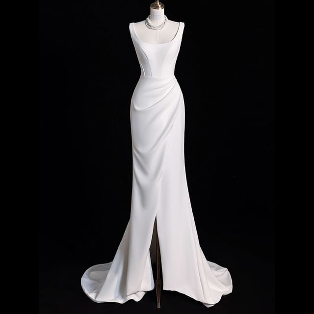 Sleeveless Plain A-Line Wedding Gown SpreePicky