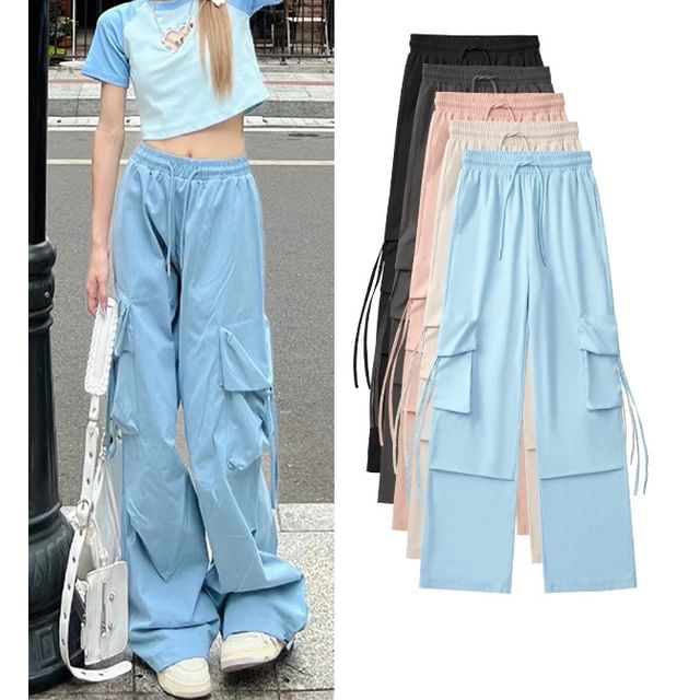 High Rise Drawstring Pocket Plain Wide Leg Cargo Sweatpants SpreePicky