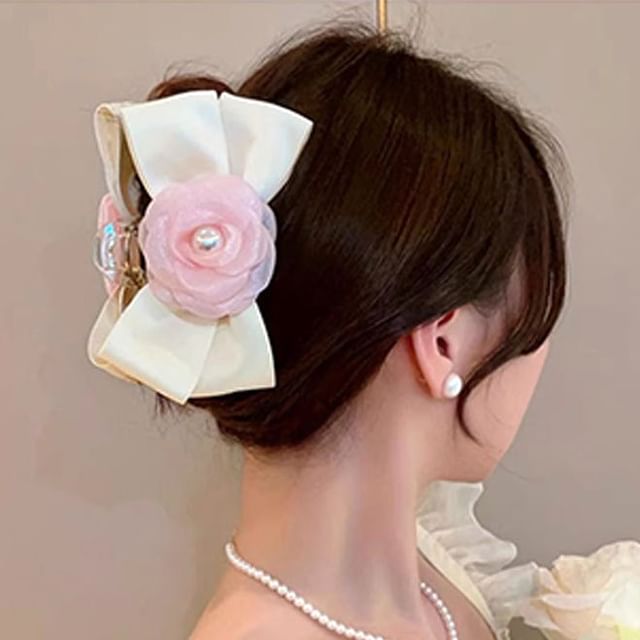 Floral Faux Pearl Bow Hair Claw SpreePicky