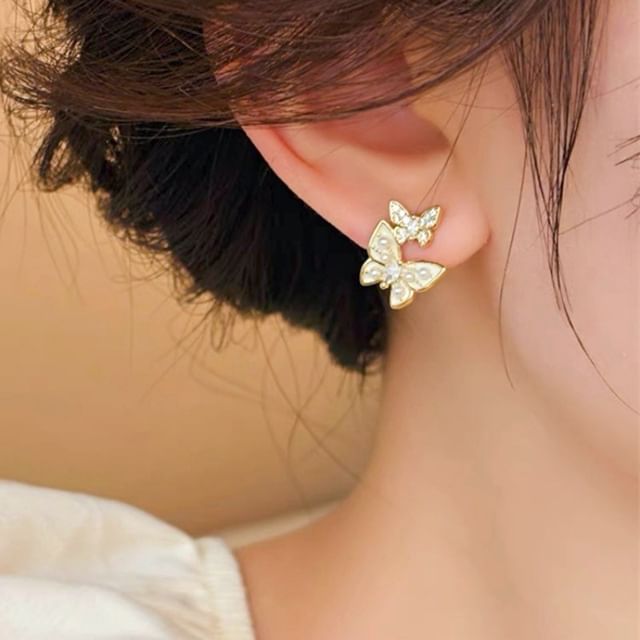 Butterfly Rhinestone Faux Pearl Ear Stud SpreePicky