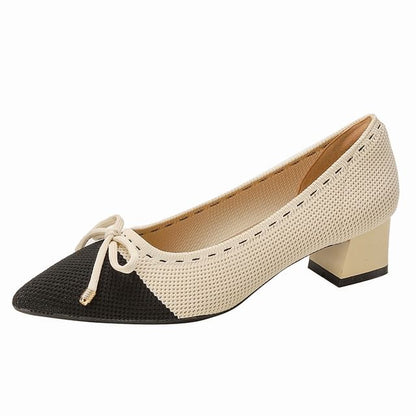 Bow Fabric Pointed Block Heel Pumps SpreePicky