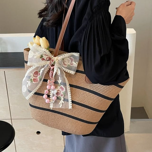 Striped Woven Tote Bag / Scarf / Bag Cham / Set mySite