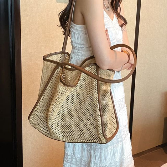 Contrast Trim Perforated Woven Tote Bag mySite