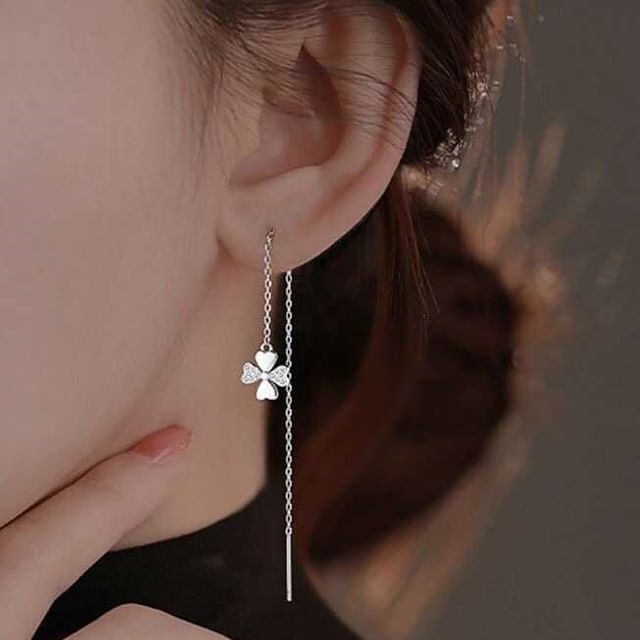 Clover Rhinestone Alloy Threader Earring mySite