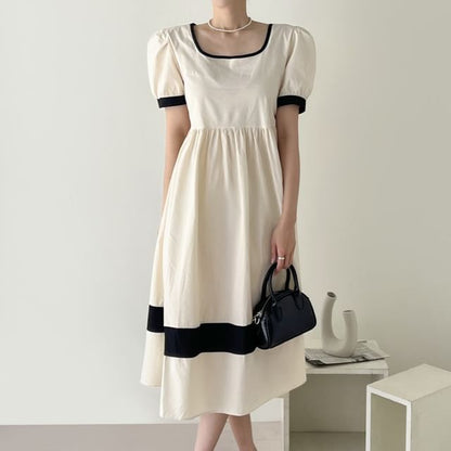 Short-Sleeve Square Neck Two Tone Midi A-Line Dress SpreePicky