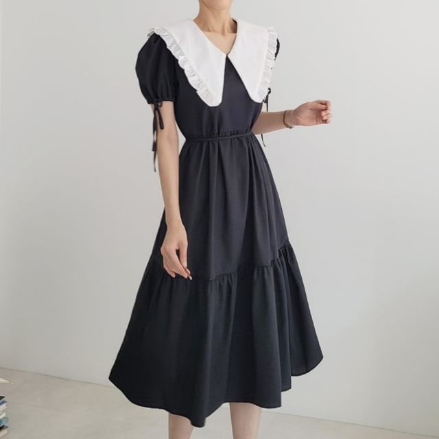 Short-Sleeve Contrast Collar Frill Trim Midi A-Line Dress SpreePicky