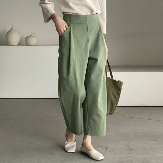 High Rise Plain Cropped Loose Fit Pants SpreePicky