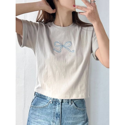 Short-Sleeve Round Neck Bow Embroidered Tee SpreePicky