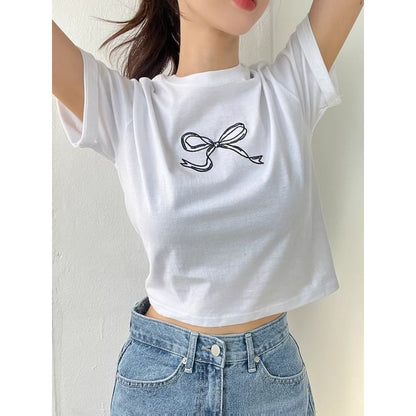 Short-Sleeve Round Neck Bow Embroidered Tee SpreePicky