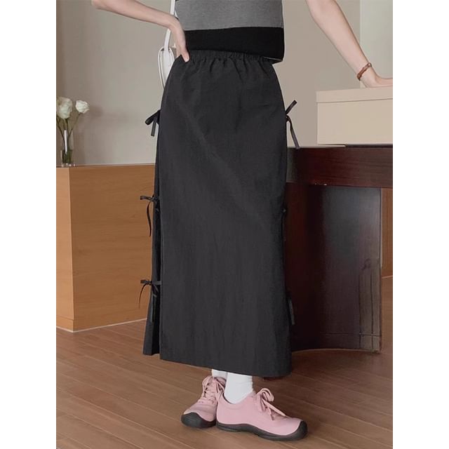 Mid Waist Plain Bow Midi A-Line Skirt SpreePicky