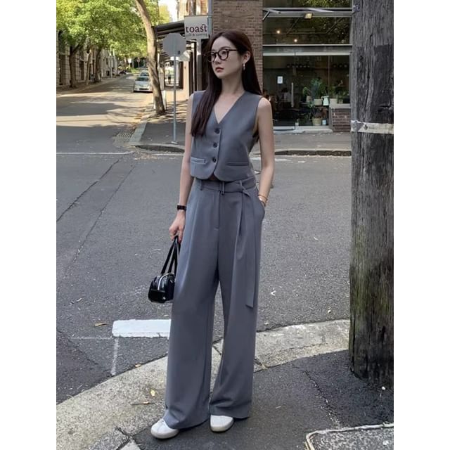 V-Neck Plain Crop Button Vest / Mid Waist Wide Leg Suit Pants SpreePicky