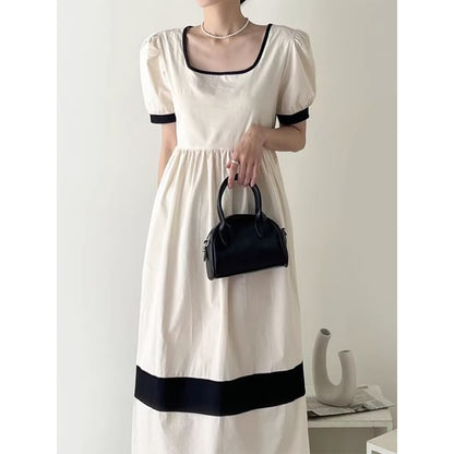 Short-Sleeve Square Neck Two Tone Midi A-Line Dress SpreePicky