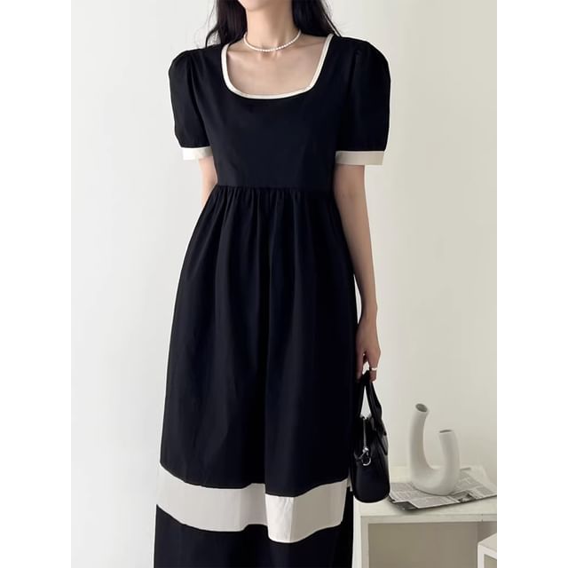 Short-Sleeve Square Neck Two Tone Midi A-Line Dress SpreePicky