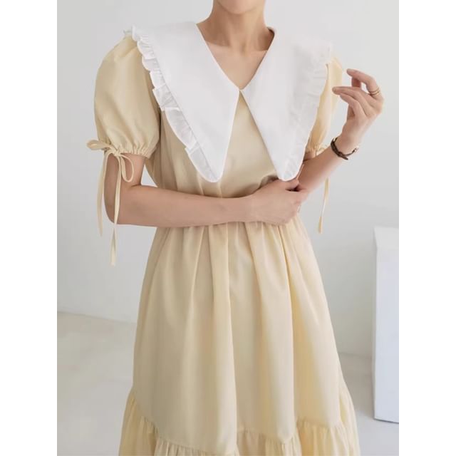 Short-Sleeve Contrast Collar Frill Trim Midi A-Line Dress SpreePicky