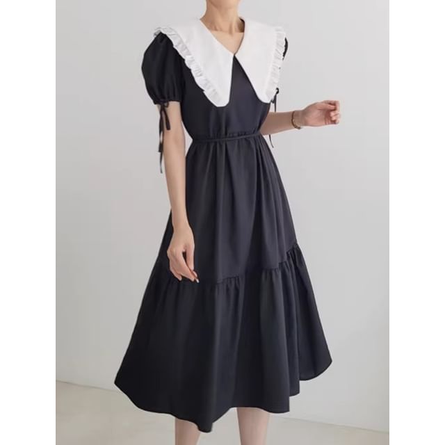 Short-Sleeve Contrast Collar Frill Trim Midi A-Line Dress SpreePicky