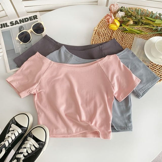 Short-Sleeve Off Shoulder Plain T-Shirt mySite