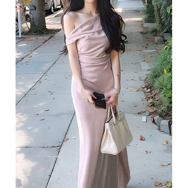 Asymmetrical One Shoulder Plain Sheath Maxi Dress SpreePicky