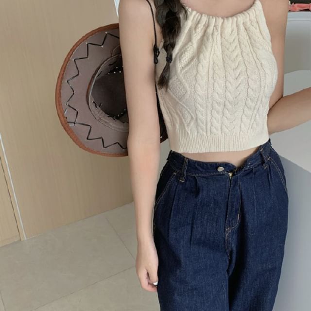 Plain Cable-Knit Cropped Halter Top SpreePicky