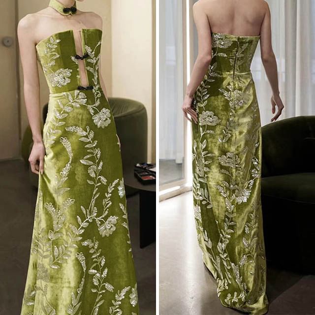 Strapless Evening Floral Sheath Gown FashionChic