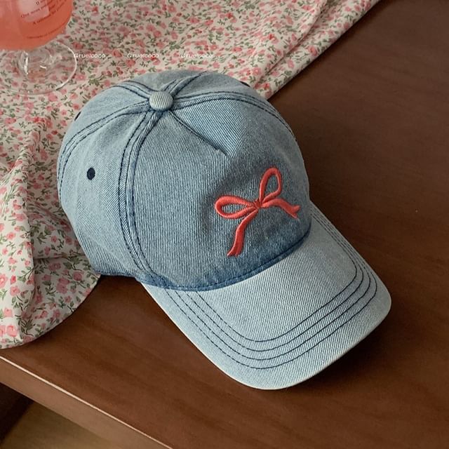 Bow Embroidered Washed Denim Baseball Cap SpreePicky