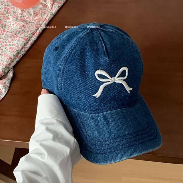 Bow Embroidered Washed Denim Baseball Cap SpreePicky