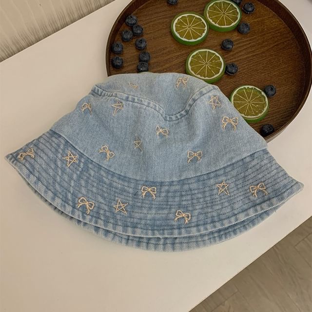 Embroidered Washed Denim Bucket Hat SpreePicky