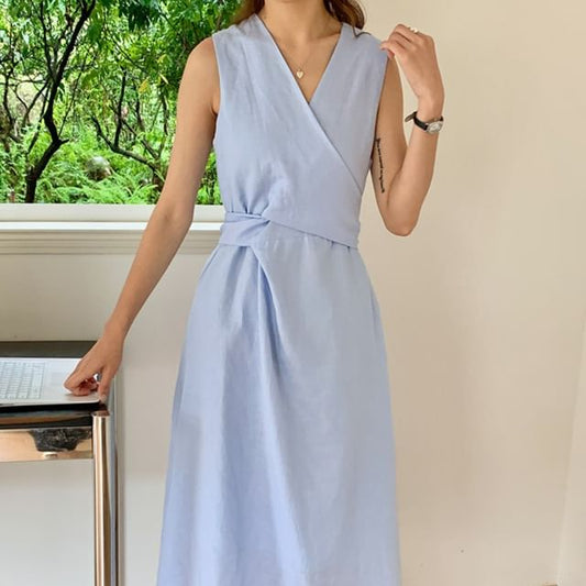 Sleeveless V-Neck Plain Asymmetrical  Midi A-Line Dress SpreePicky