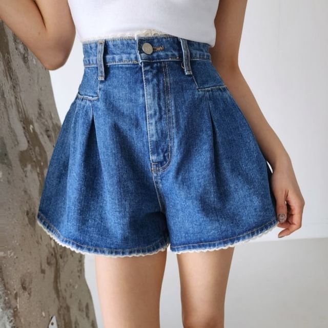 High Waist Lace Trim Washed Denim Shorts SpreePicky