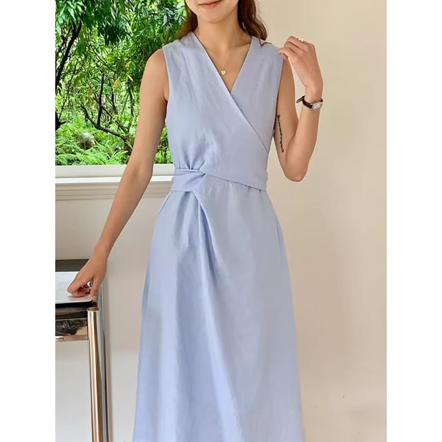 Sleeveless V-Neck Plain Asymmetrical  Midi A-Line Dress SpreePicky