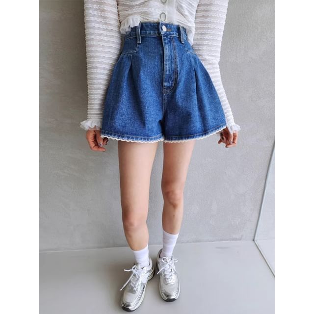 High Waist Lace Trim Washed Denim Shorts SpreePicky