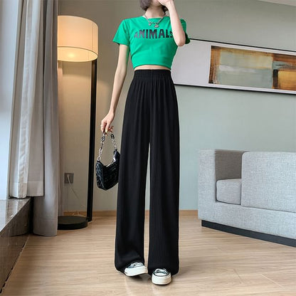 High Rise Rib Wide Leg Plain Sweatpants SpreePicky