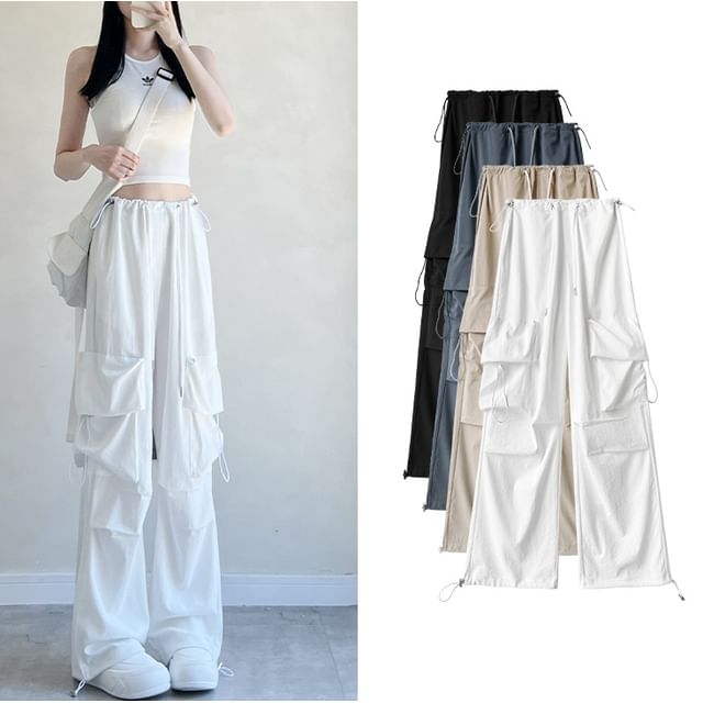 High Rise Drawstring Pocket Plain Wide Leg Parachute Cargo Pants SpreePicky