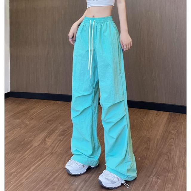 High Waist Drawstring Pocket Plain Wide Leg Gather Cuff Parachute Cargo Pants SpreePicky