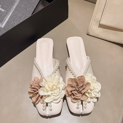 Flower Detail Faux Pearl Mules SpreePicky