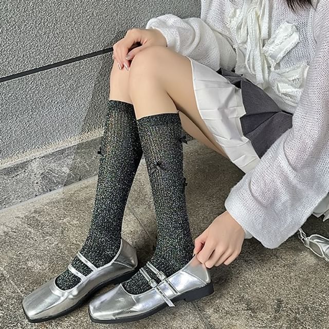 Bow Glitter Ribbed Knee High Socks mySite