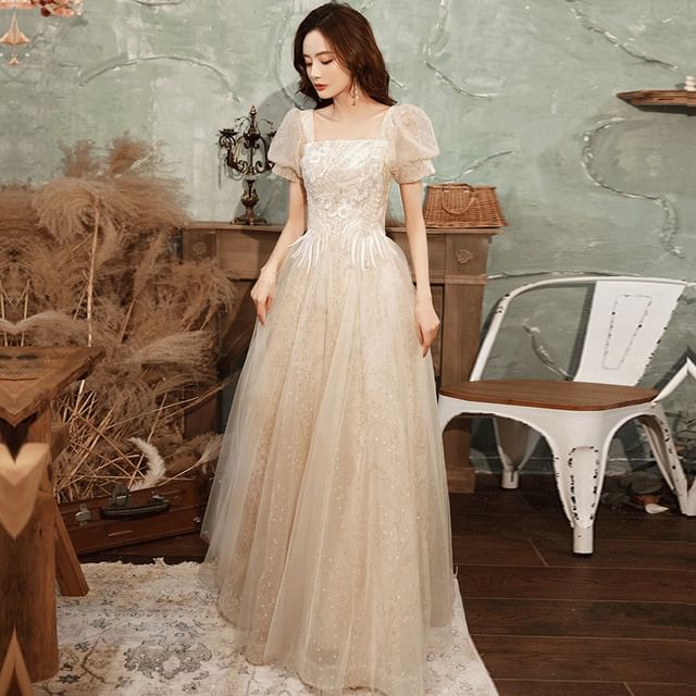 (Various Puff-Sleeve Sequined Gown Evening Square-Neck Designs) Floral A-Line FashionChic