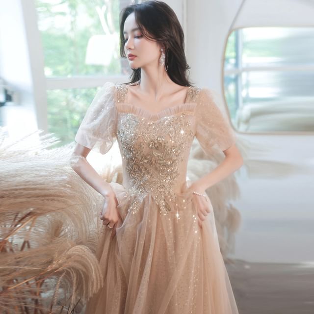 (Various Designs) Evening Puff-Sleeve Sequined A-Line Floral Gown Square-Neck FashionChic