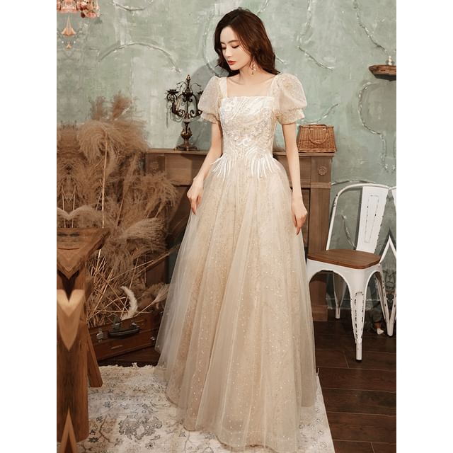 (Various Puff-Sleeve Sequined Gown Evening Square-Neck Designs) Floral A-Line FashionChic