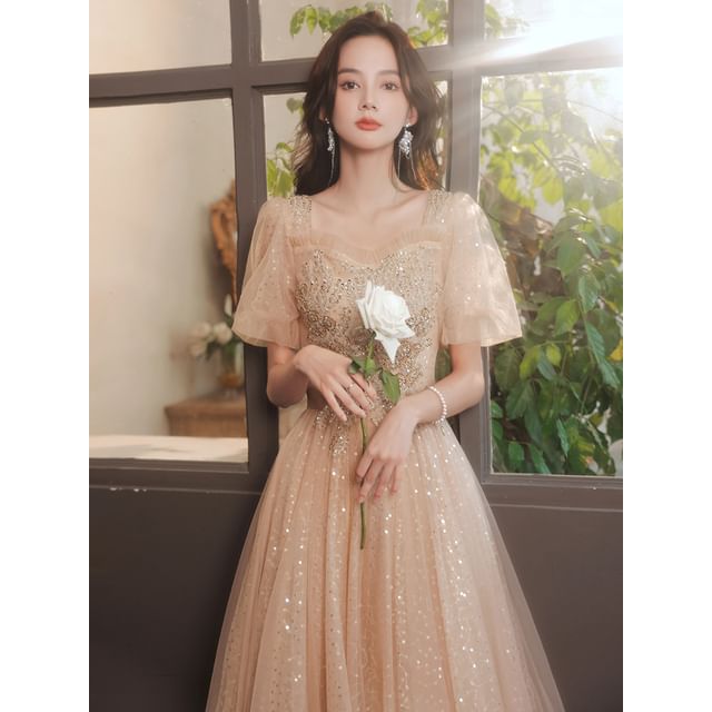 (Various Designs) Evening Puff-Sleeve Sequined A-Line Floral Gown Square-Neck FashionChic