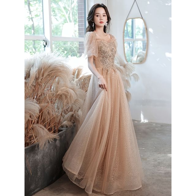 (Various Designs) Evening Puff-Sleeve Sequined A-Line Floral Gown Square-Neck FashionChic
