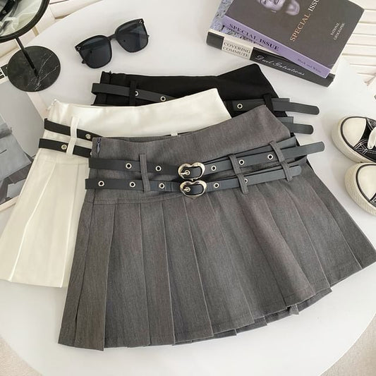 Plain Pleated Belted Mini A-Line Skirt mySite