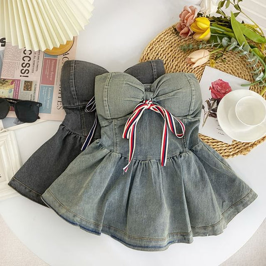 Bow Peplum Washed Denim Tube Top mySite