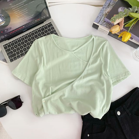 Mock Two-Piece Short-Sleeve Plain Asymmetrical Cutout Tee mySite